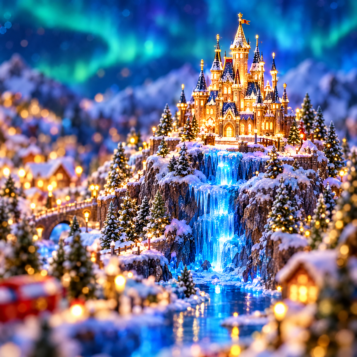 The golden castle on the snowy mountain with its frozen waterfall