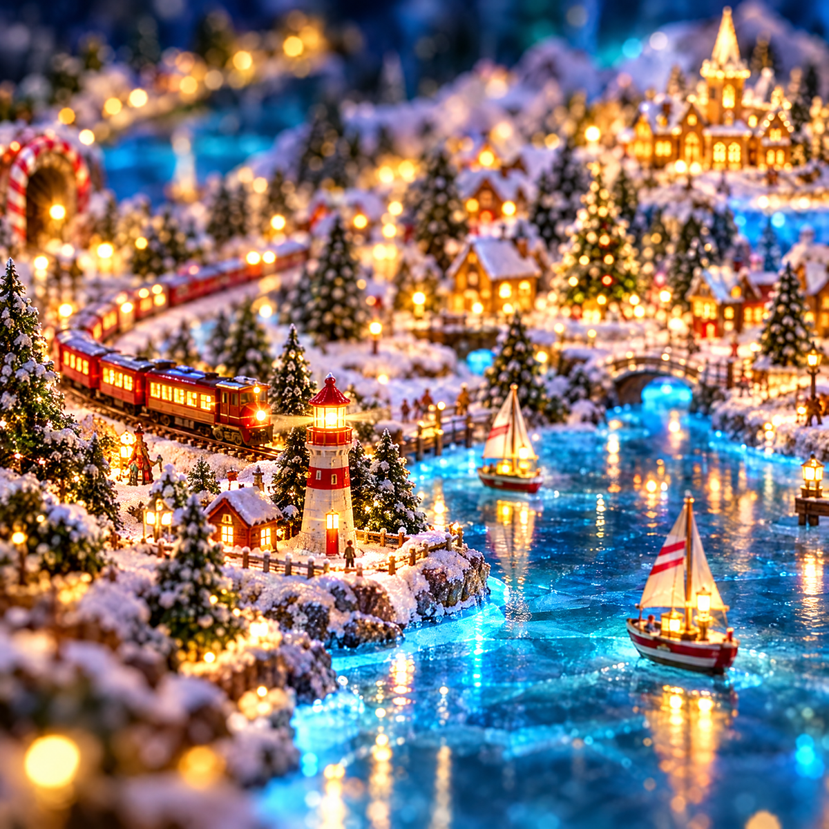 The lighthouse and sailboats on the glowing frozen lake