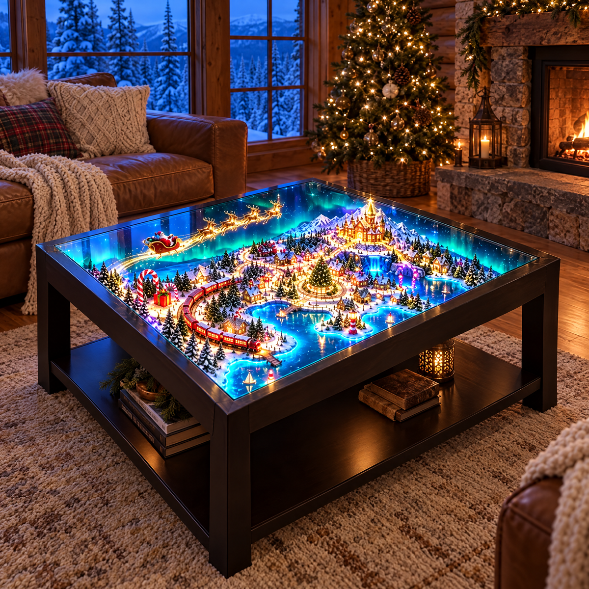 The Enchanted Village Christmas diorama coffee table glowing in a log cabin