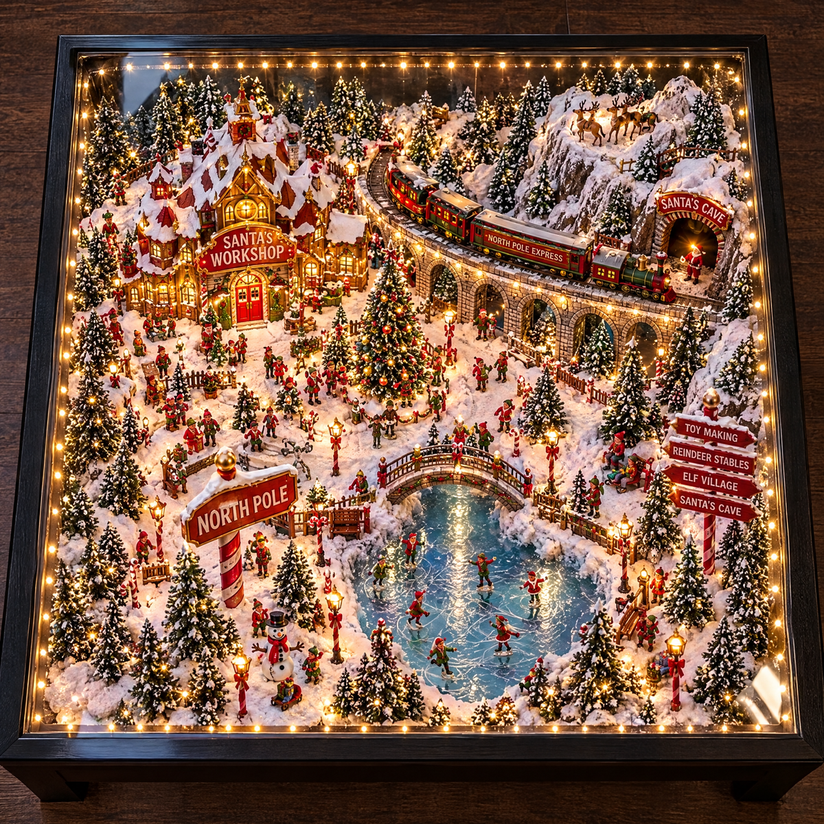 Top-down view of the full North Pole Express scene under glass