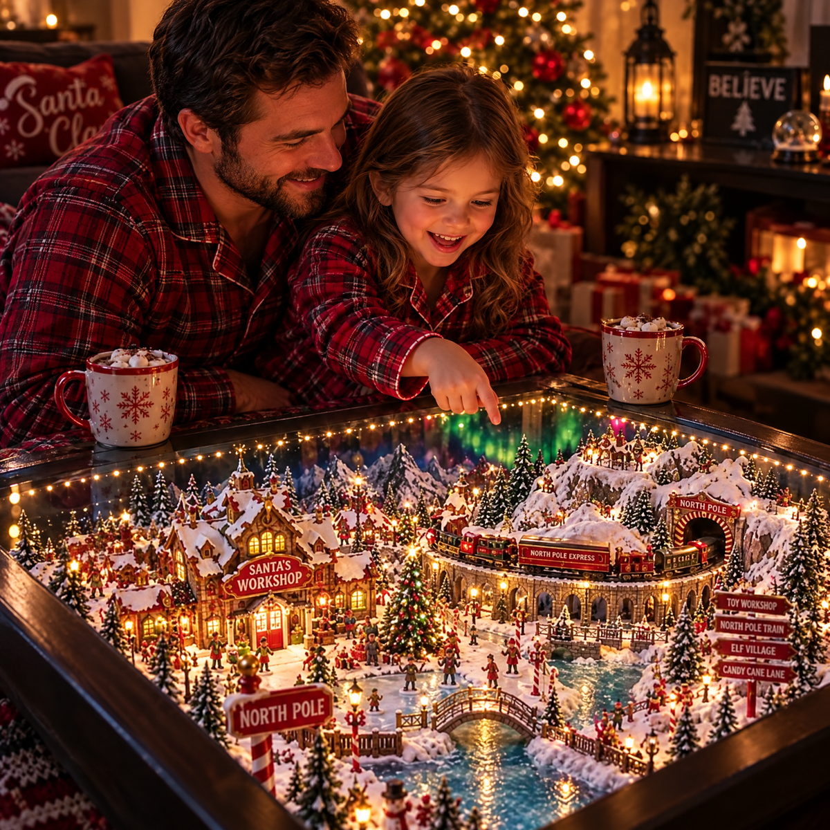 A dad and daughter pointing at the train in The North Pole Express table