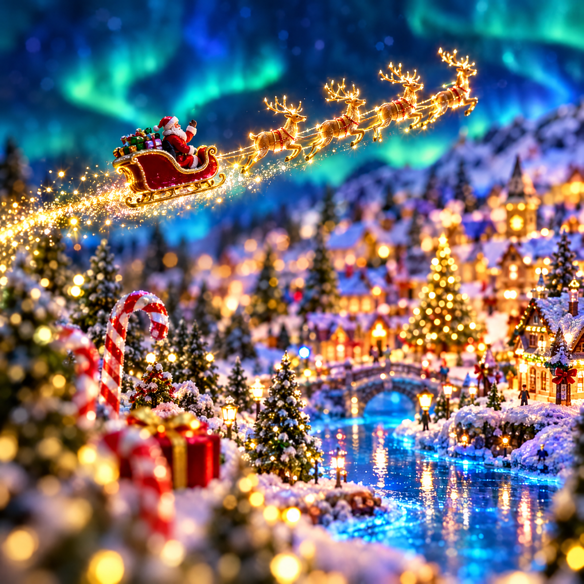 Santa's sleigh and golden reindeer flying across the northern lights