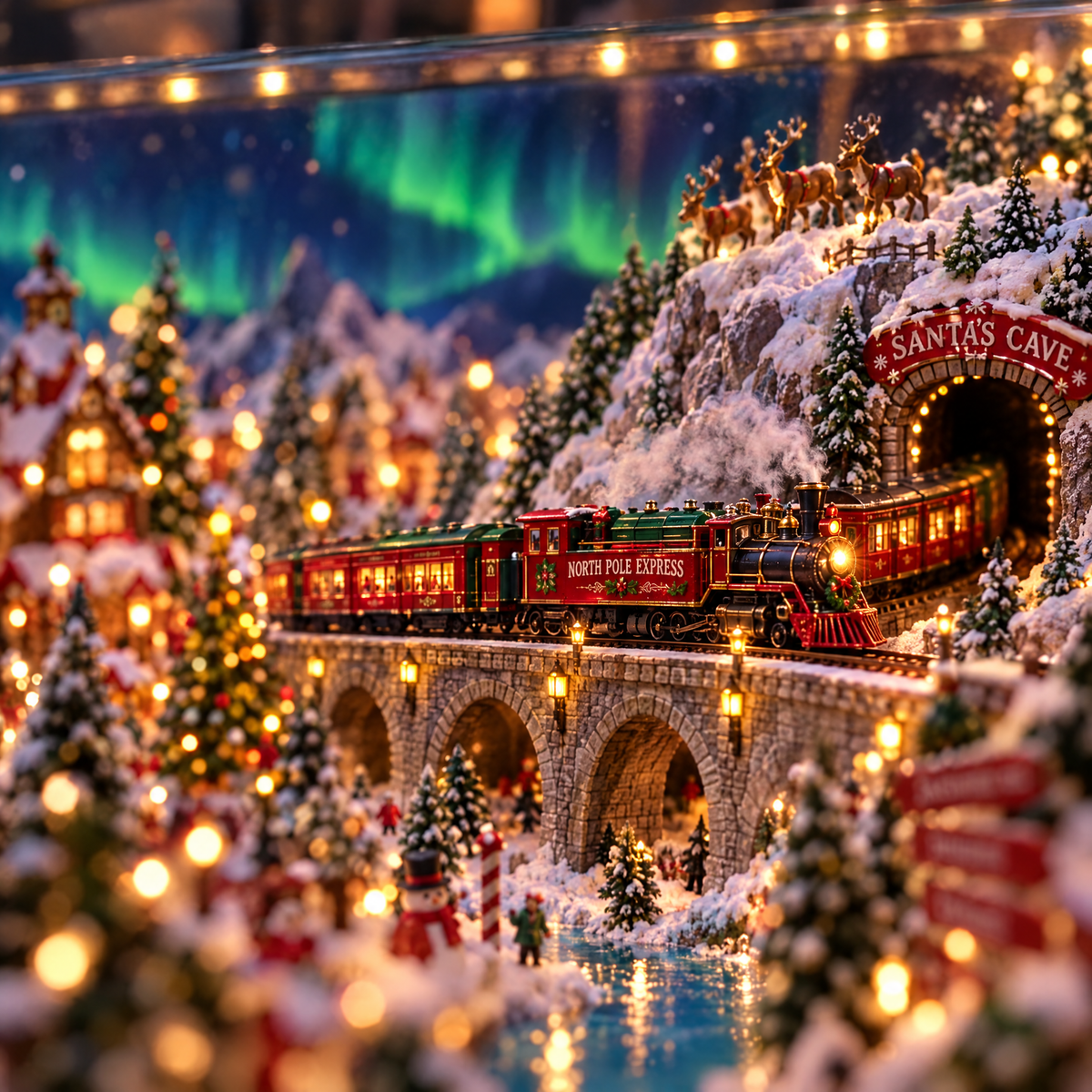 Close-up of the North Pole Express train crossing the stone viaduct to Santa's Cave