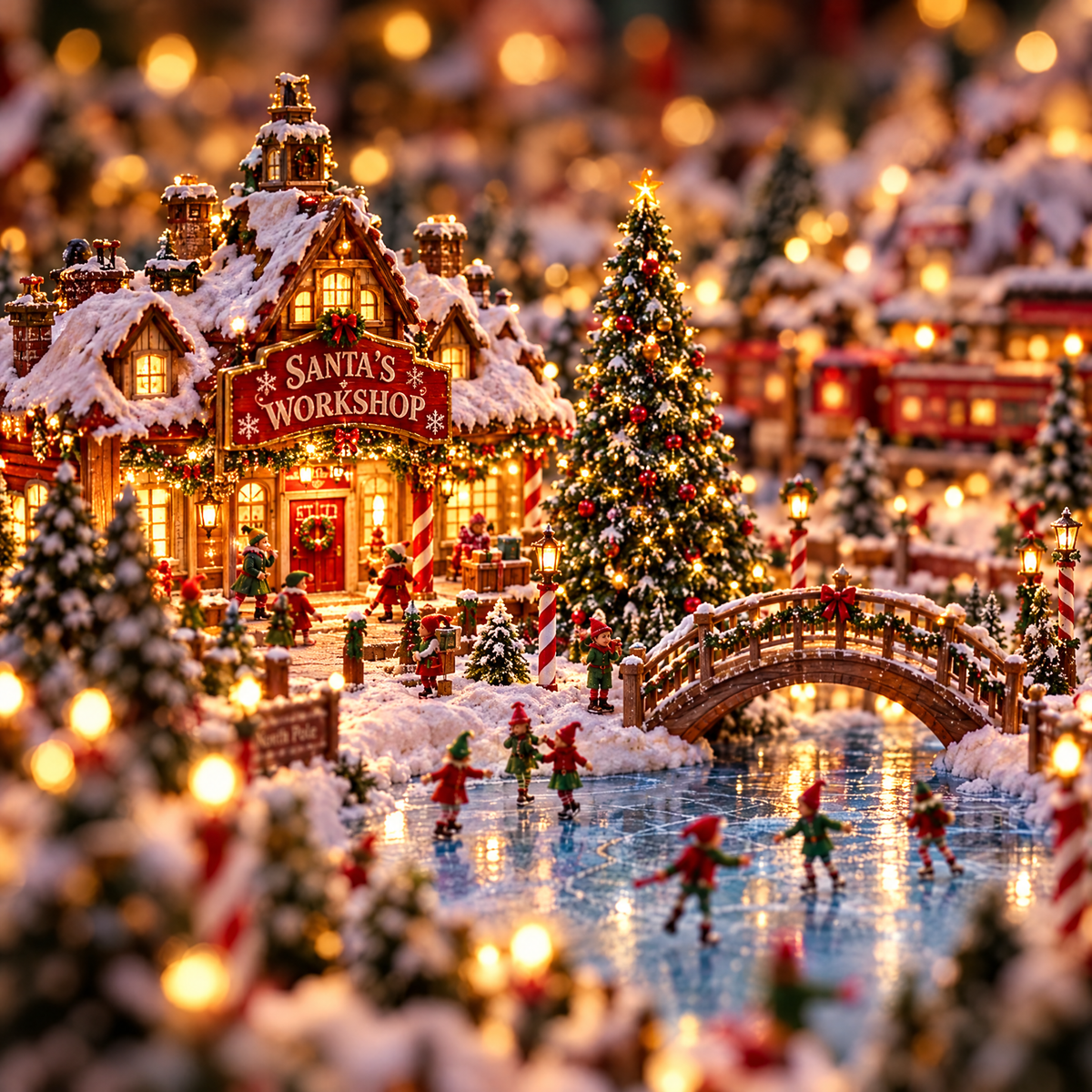 Santa's Workshop with elves skating on the frozen pond