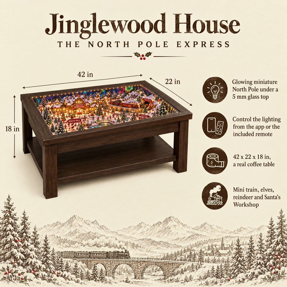 The North Pole Express dimensions: 42 x 22 x 18 inches