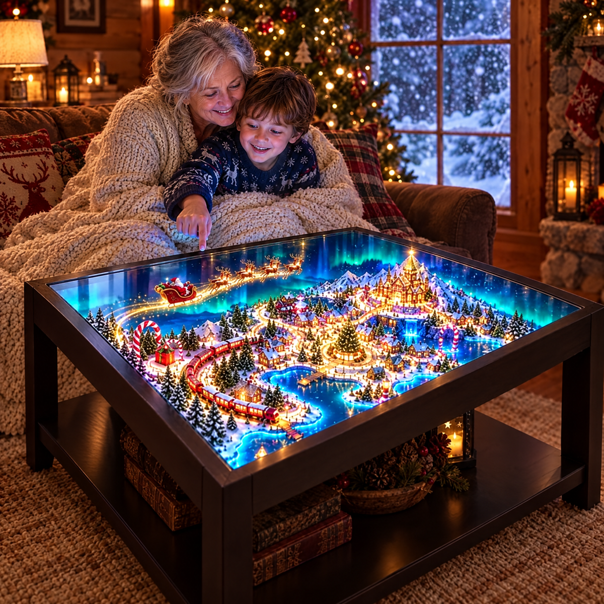 A grandmother and grandson leaning over The Enchanted Village table