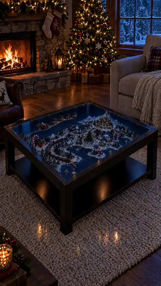 The table lighting up in a dark living room