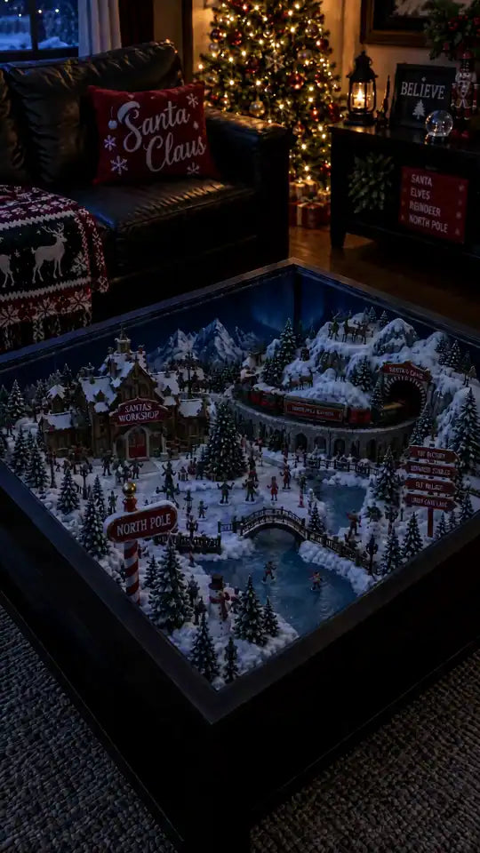 The table lighting up in a dark living room